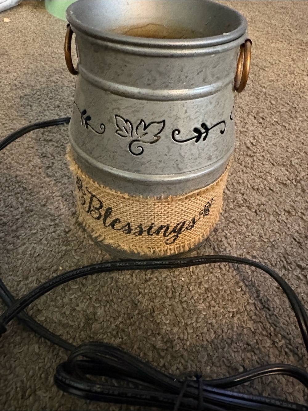 Scentsy Gray Metal Candle Warmer with Burlap 'Blessings' Band